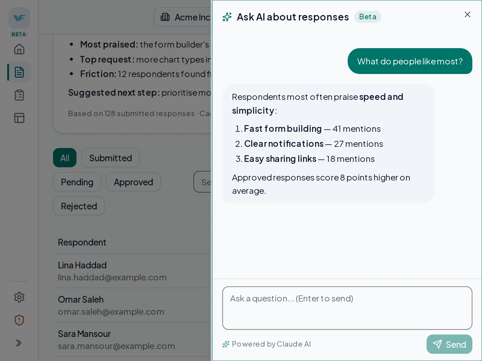 ViaForm Ask AI panel answering the question “What do people like most?” with a ranked list drawn from form responses