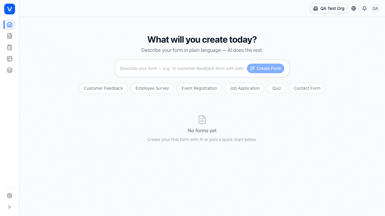 ViaForm dashboard — create forms with AI, pick quick-start templates